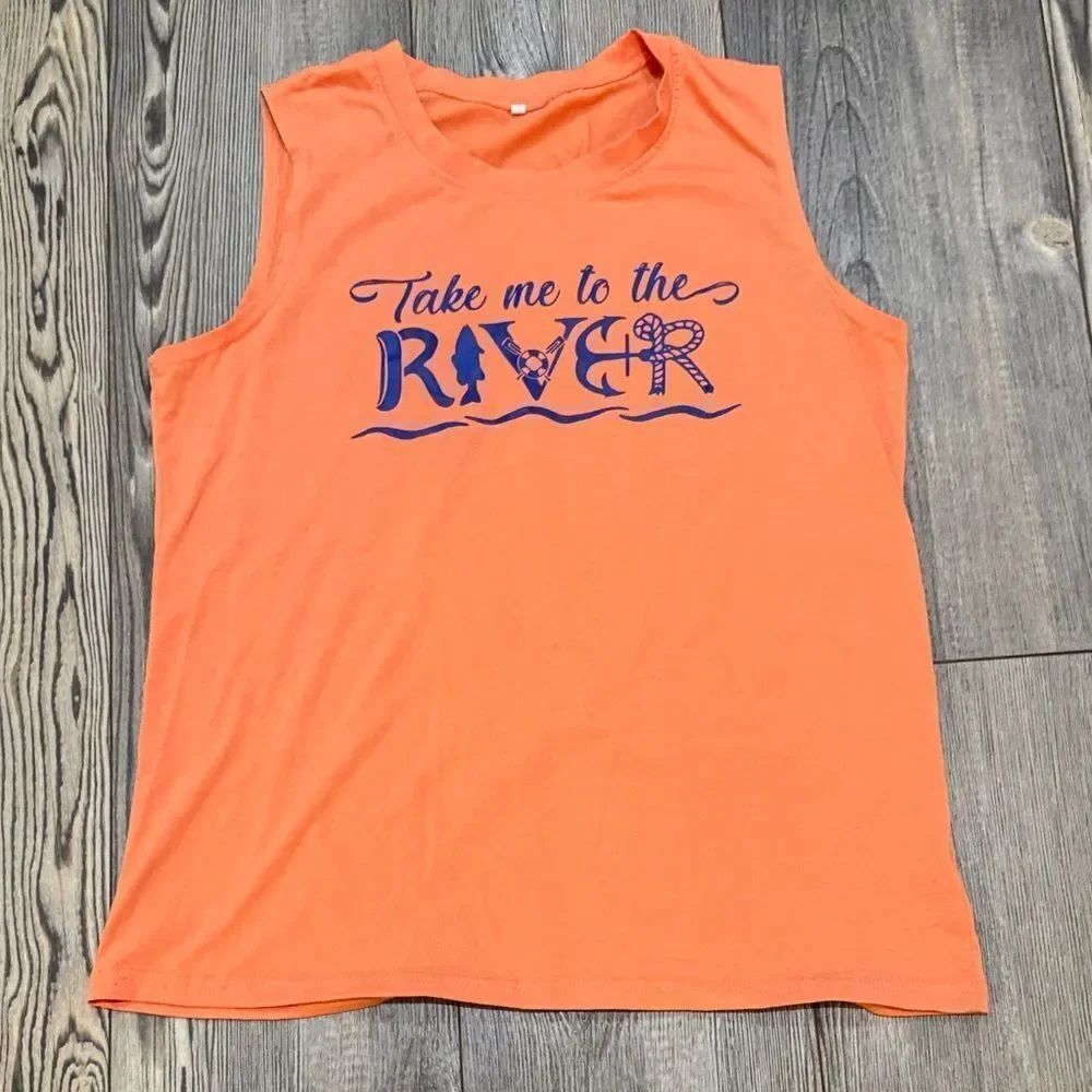 Orange Sleeveless Graphic Tee “Take Me To The River”